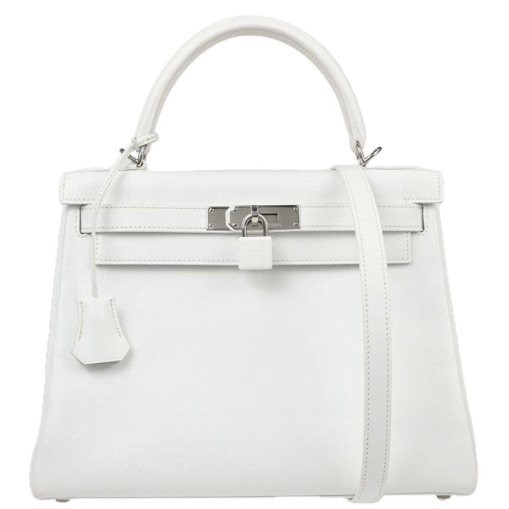 Hermes Kelly Handbag White Epsom With Palladium Hardware White Leather Handbag ( )