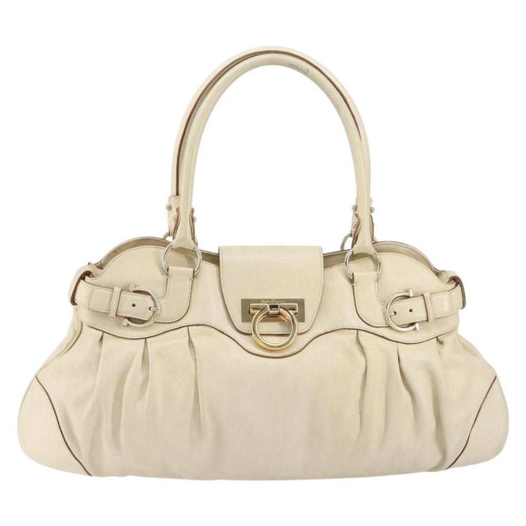 Salvatore Ferragamo Gancini Handbag Leather White Leather Handbag (Authentic  )
