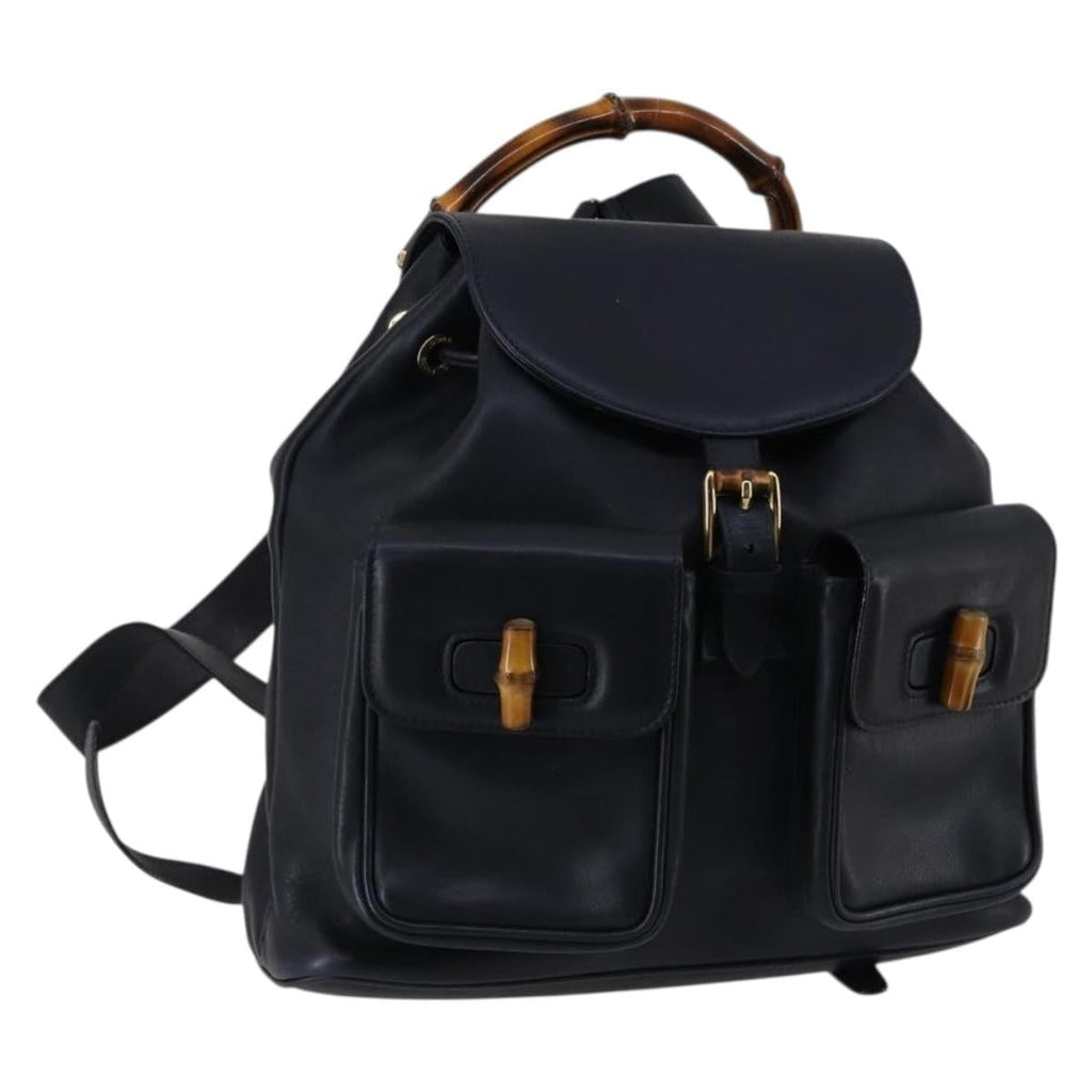Gucci Vintage Bamboo Backpack Leather Navy Leather Backpack Bag (Authentic  )