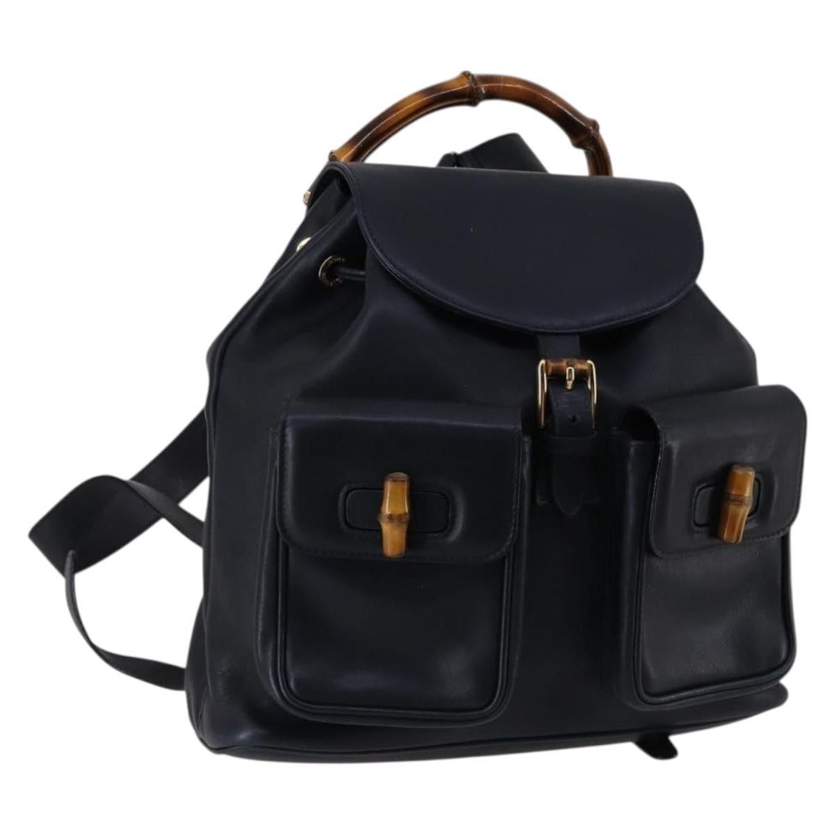 Gucci Vintage Bamboo Backpack Leather Navy Leather Backpack Bag (Authentic  )