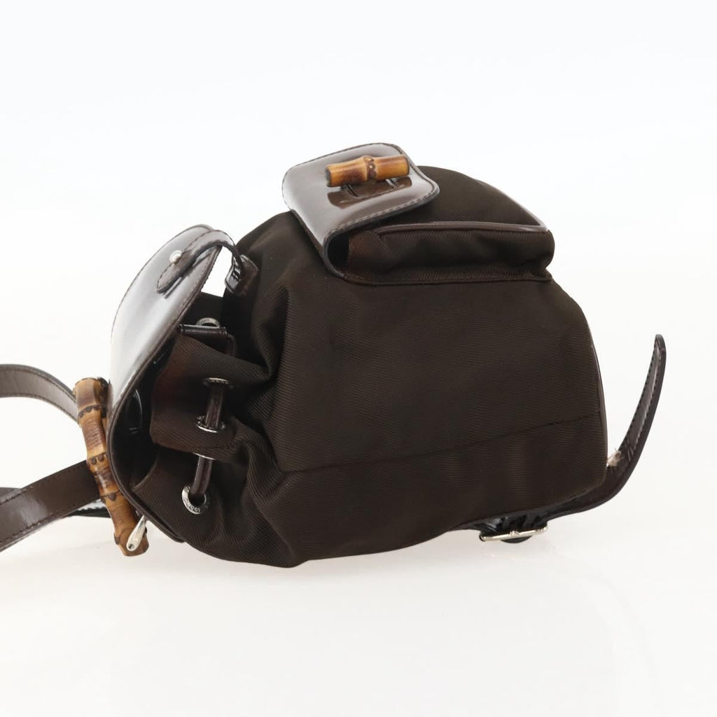 Gucci Vintage Bamboo Backpack Nylon And Patent Leather Brown Nylon Backpack Bag ( )