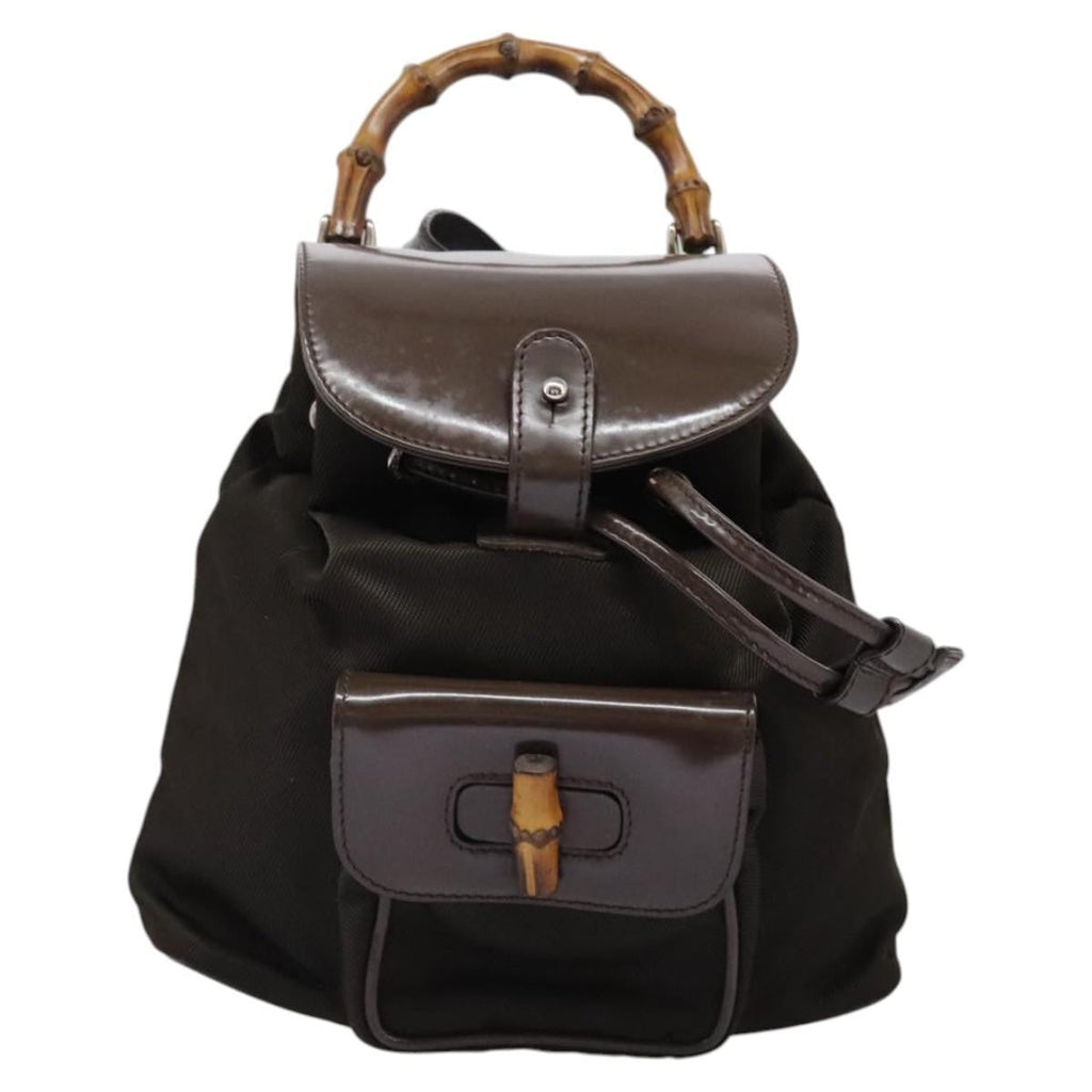 Gucci Vintage Bamboo Backpack Nylon And Patent Leather Brown Nylon Backpack Bag (Authentic  )