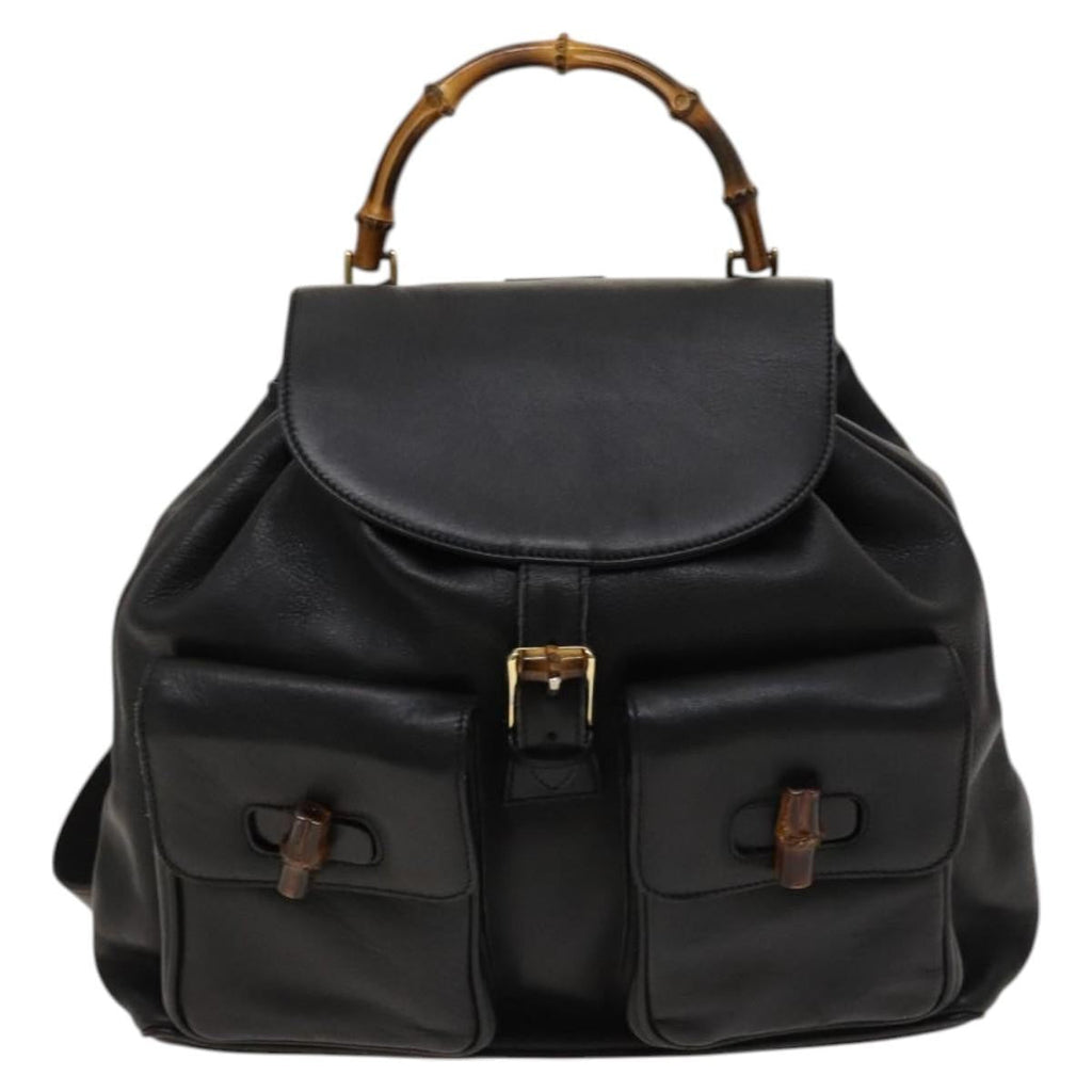 Gucci Vintage Bamboo Backpack Leather Black Leather Backpack Bag (Authentic  )