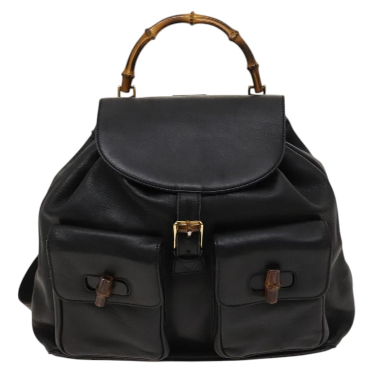 Gucci Vintage Bamboo Backpack Leather Black Leather Backpack Bag (Authentic  )