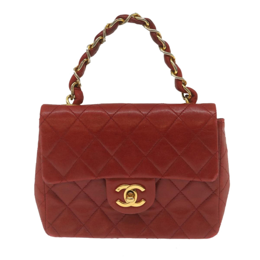Chanel Vintage Square Chain Handle Flap Bag Quilted Lambskin Red Leather Handbag (Authentic  )