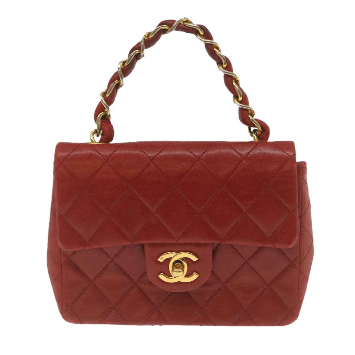 Chanel Vintage Square Chain Handle Flap Bag Quilted Lambskin Red Leather Handbag (Authentic  )