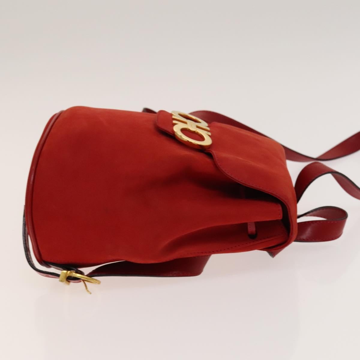 Salvatore Ferragamo Gancini Flap Drawstring Backpack Suede Red Suede Backpack Bag (Authentic  )