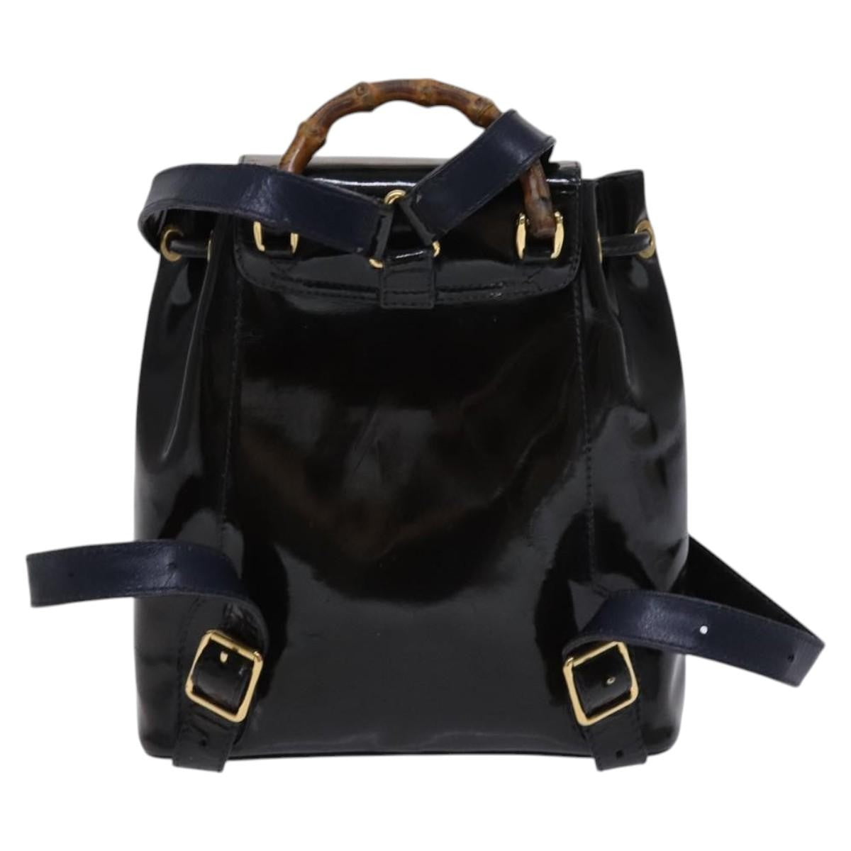 Gucci Vintage Bamboo Backpack Patent Black Patent_Leather Backpack Bag (Authentic  )