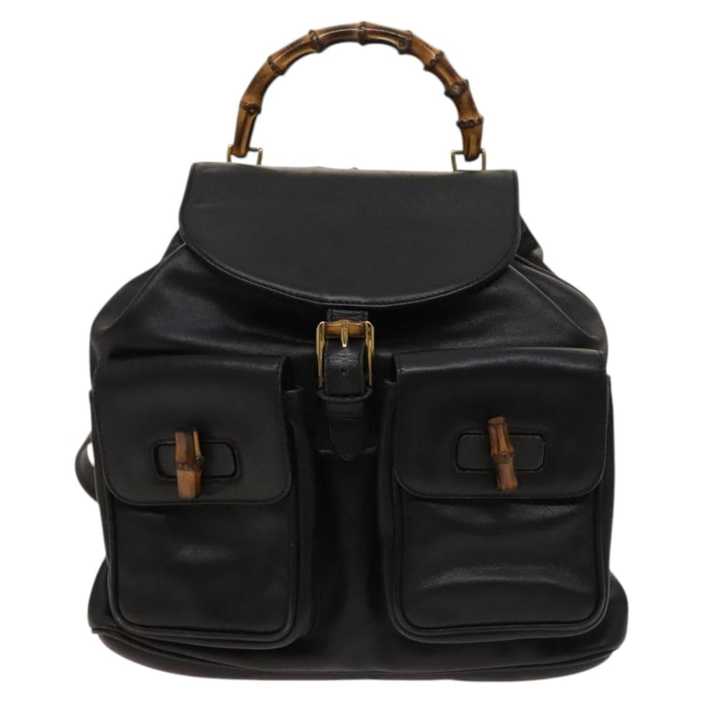Gucci Vintage Bamboo Backpack Leather Black Leather Backpack Bag (Authentic  )