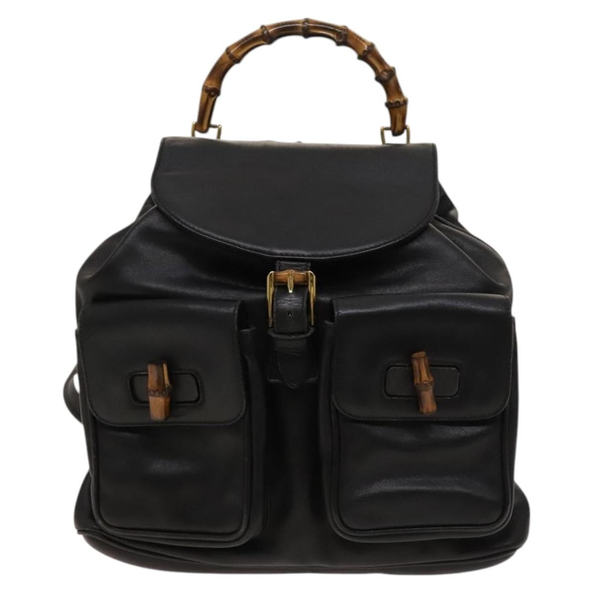 Gucci Vintage Bamboo Backpack Leather Black Leather Backpack Bag (Authentic  )
