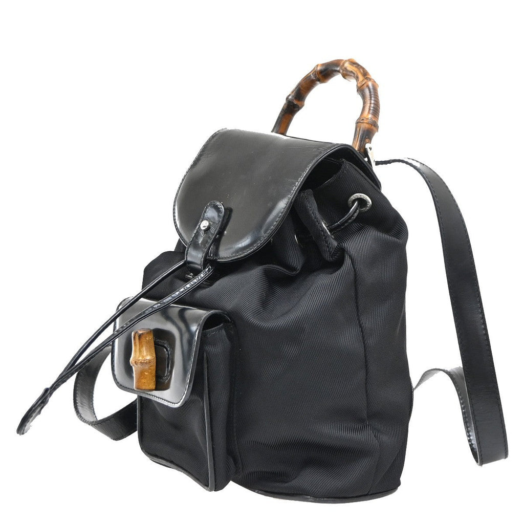 Gucci Vintage Bamboo Backpack Nylon And Patent Leather Black Nylon Backpack Bag (Authentic  )