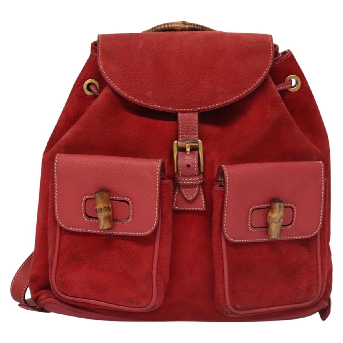 Gucci Vintage Bamboo Backpack Suede And Leather Red Suede Backpack Bag (Authentic  )