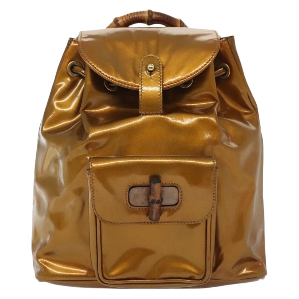 Gucci Vintage Bamboo Backpack Patent Gold Patent_Leather Bag (Authentic  )