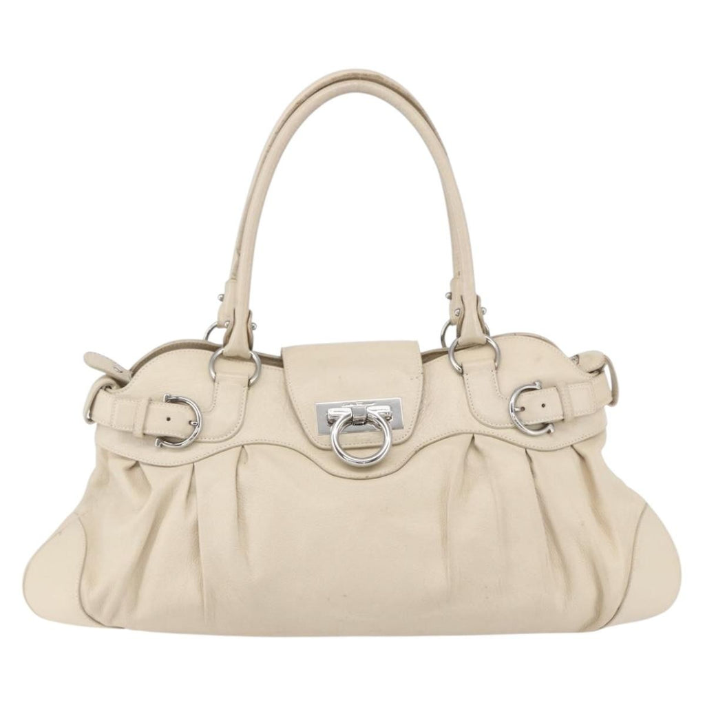 Salvatore Ferragamo Gancini Handbag Leather Beige Leather Handbag (Authentic  )