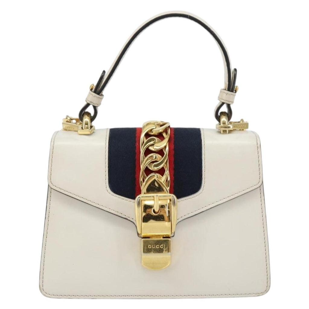 Gucci Sylvie Top Handle Bag Leather White Leather Handbag (Authentic  )