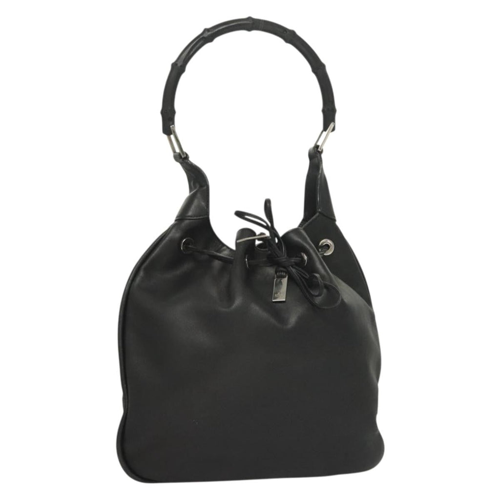 Gucci Vintage Bamboo Shoulder Bag Leather Black Leather Handbag (Authentic  )