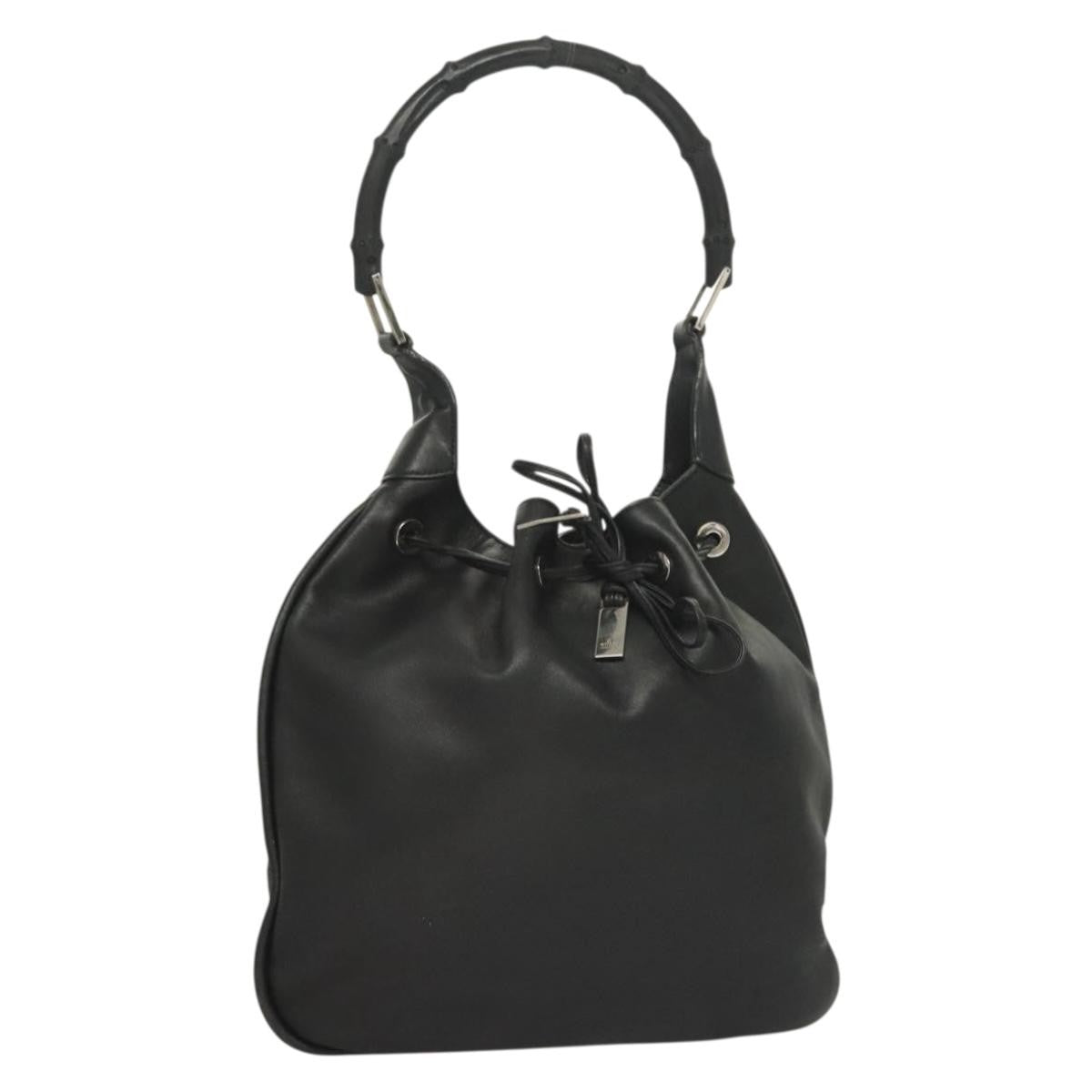 Gucci Vintage Bamboo Shoulder Bag Leather Black Leather Handbag (Authentic  )