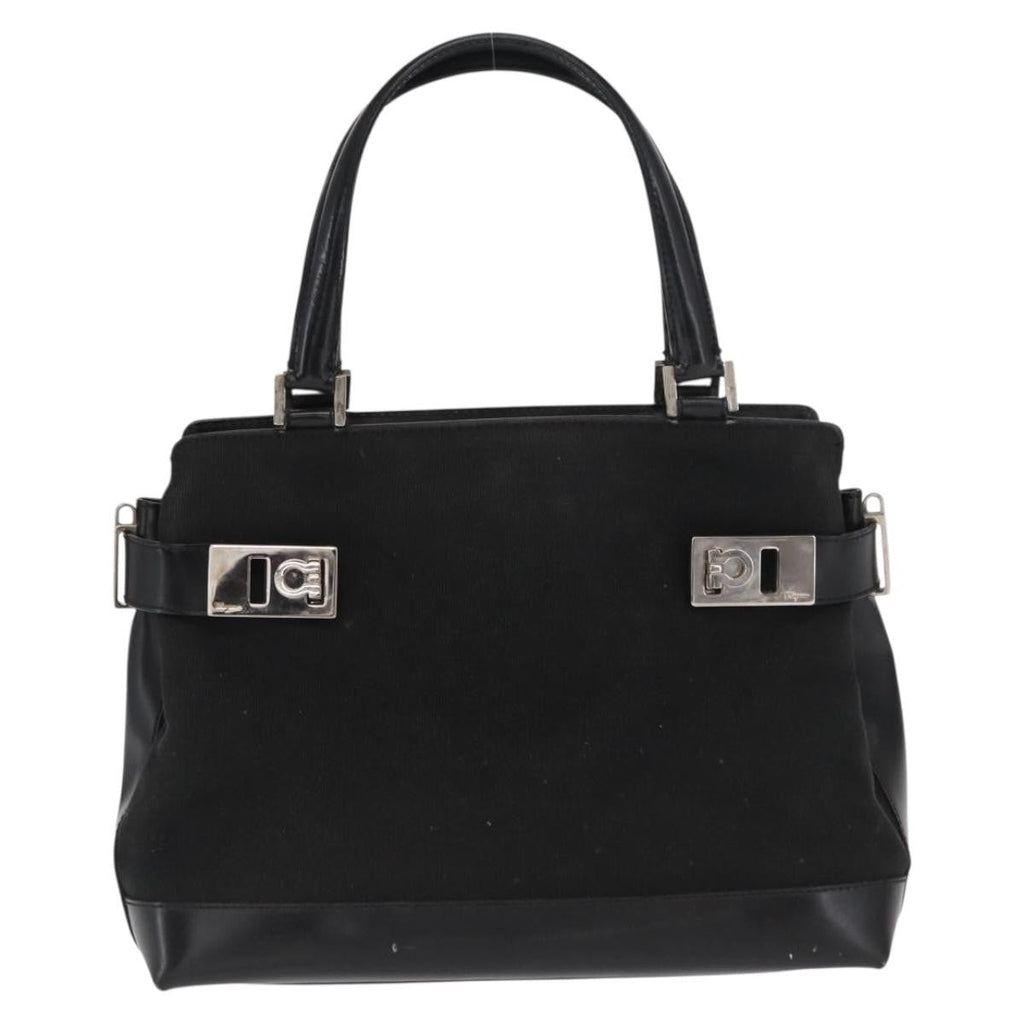 Salvatore Ferragamo Double Gancini Side Buckle Tote Canvas Black Canvas Handbag (Authentic  )