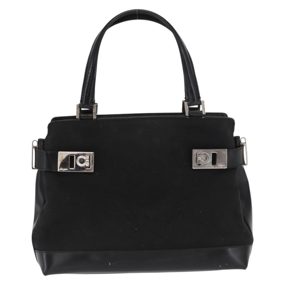 Salvatore Ferragamo Double Gancini Side Buckle Tote Canvas Black Canvas Handbag (Authentic  )