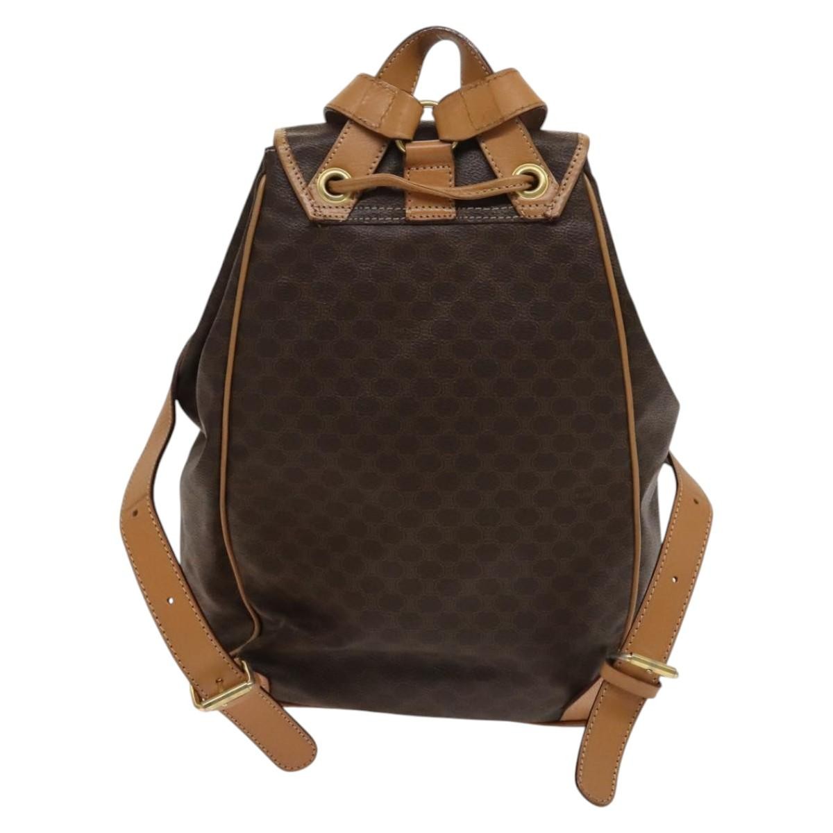 Celine Vintage Drawstring Flap Backpack Macadam Coated Canvas Brown Canvas Backpack Bag (Authentic  )