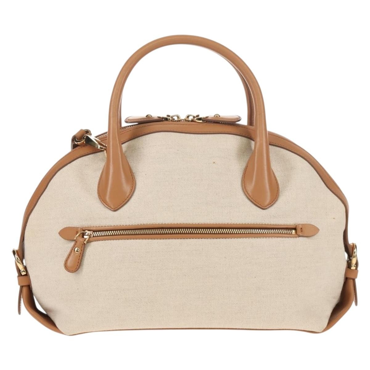 Salvatore Ferragamo Vintage Fiamma Satchel Canvas And Leather Beige Canvas Handbag (Authentic  )