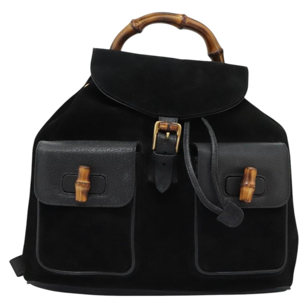 Gucci Vintage Bamboo Backpack Suede And Leather Black Suede Backpack Bag (Authentic  )