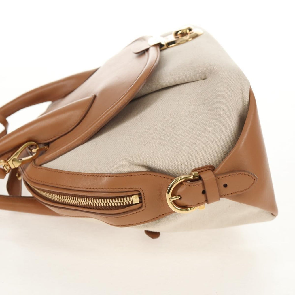 Salvatore Ferragamo Vintage Fiamma Satchel Canvas And Leather Beige Canvas Handbag (Authentic  )