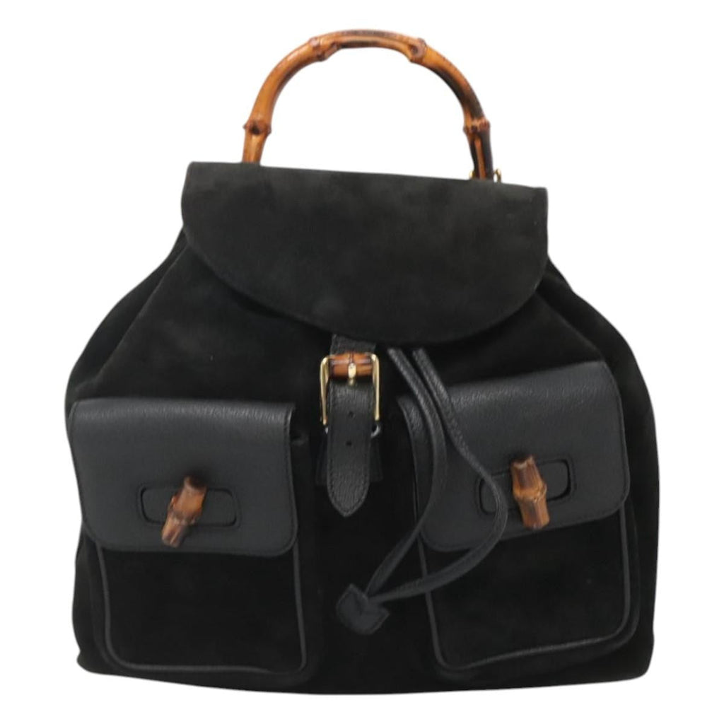 Gucci Vintage Bamboo Backpack Suede And Leather Black Suede Backpack Bag (Authentic  )