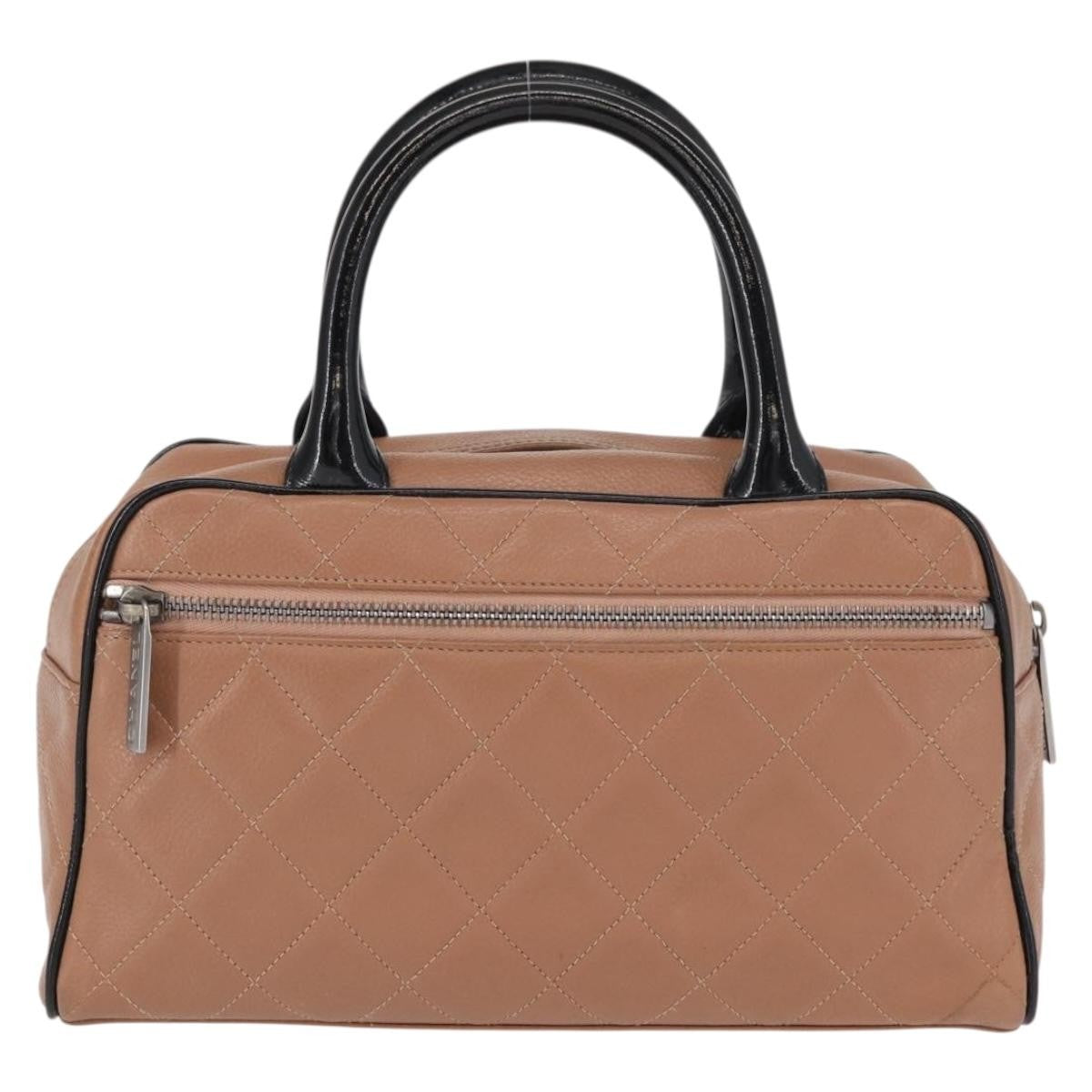 Chanel Embossed Logo Bowler Bag Quilted Caviar Beige Leather Handbag (Authentic  )