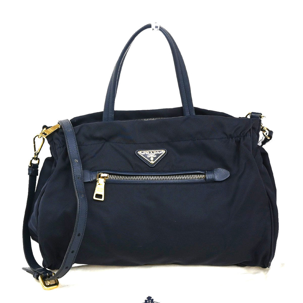 Prada Zip Convertible Shopping Tote Tessuto With Saffiano Leather Navy Nylon Handbag (Authentic  )