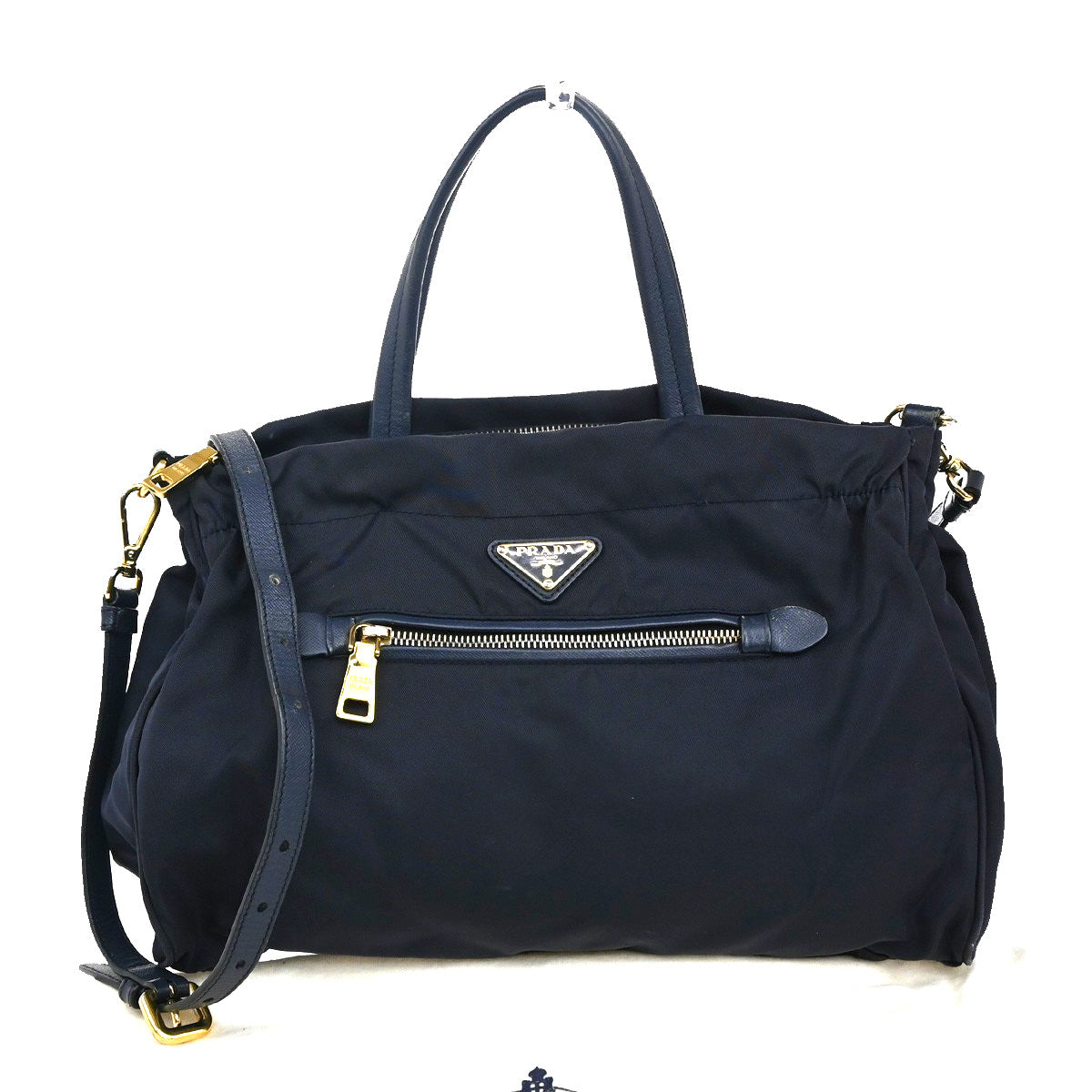 Prada Zip Convertible Shopping Tote Tessuto With Saffiano Leather Navy Nylon Handbag (Authentic  )