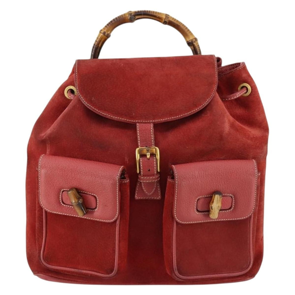 Gucci Vintage Bamboo Backpack Suede Red Suede Backpack Bag (Authentic  )