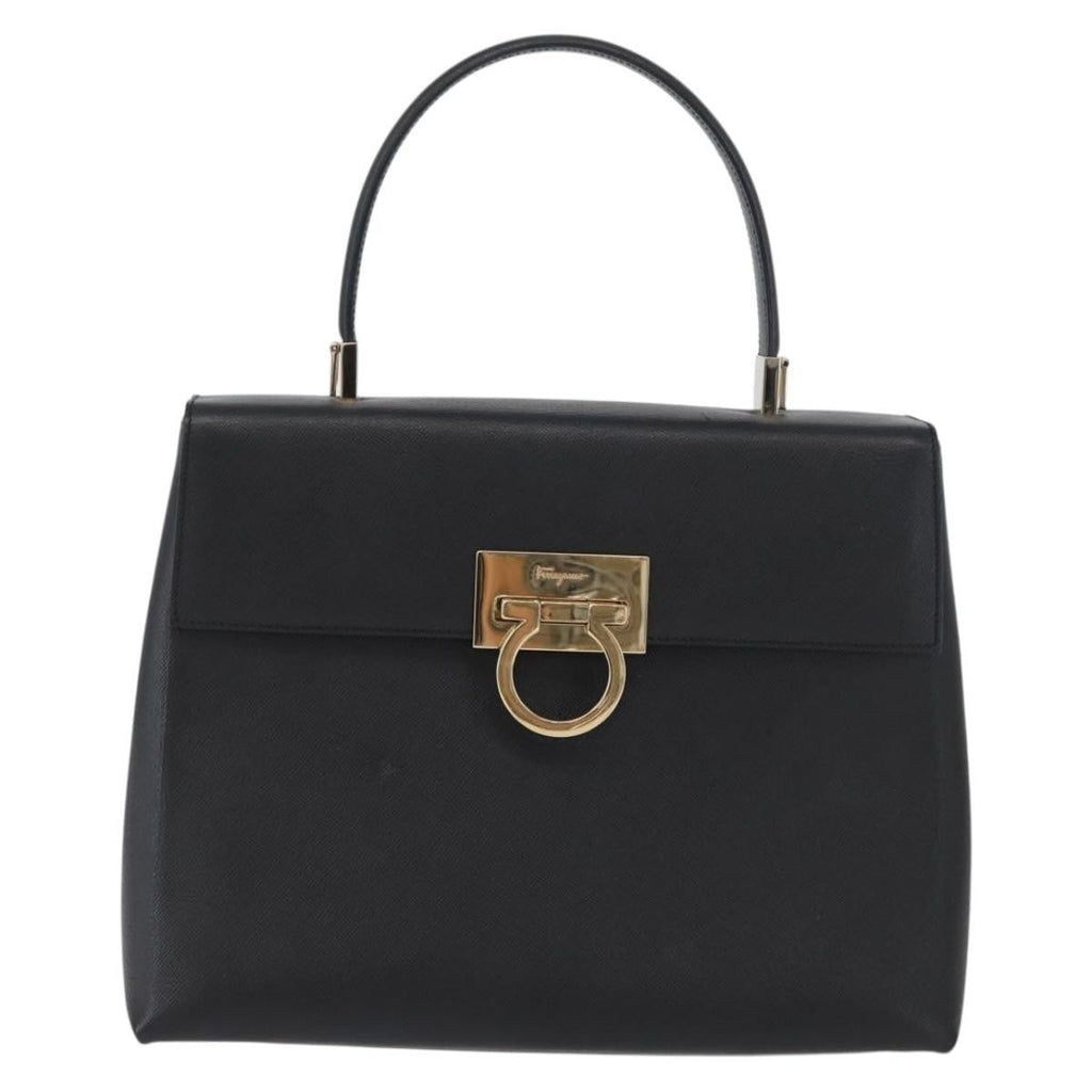 Salvatore Ferragamo Gancini Handbag Leather Black Leather Handbag (Authentic  )