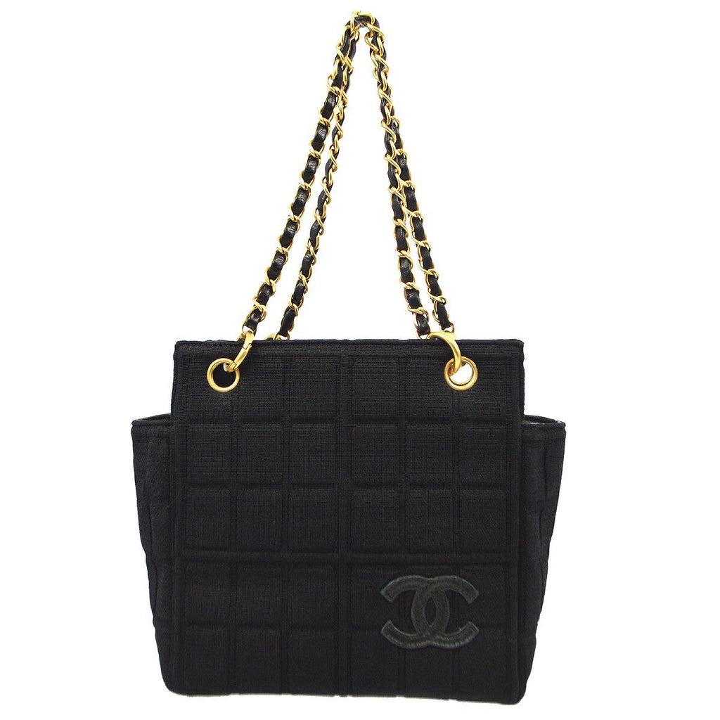 Chanel Chocolate Bar Chain Tote Quilted Jersey Black Cotton Handbag (Authentic  )