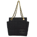 Chanel Chocolate Bar Chain Tote Quilted Jersey Black Cotton Handbag (Authentic  )