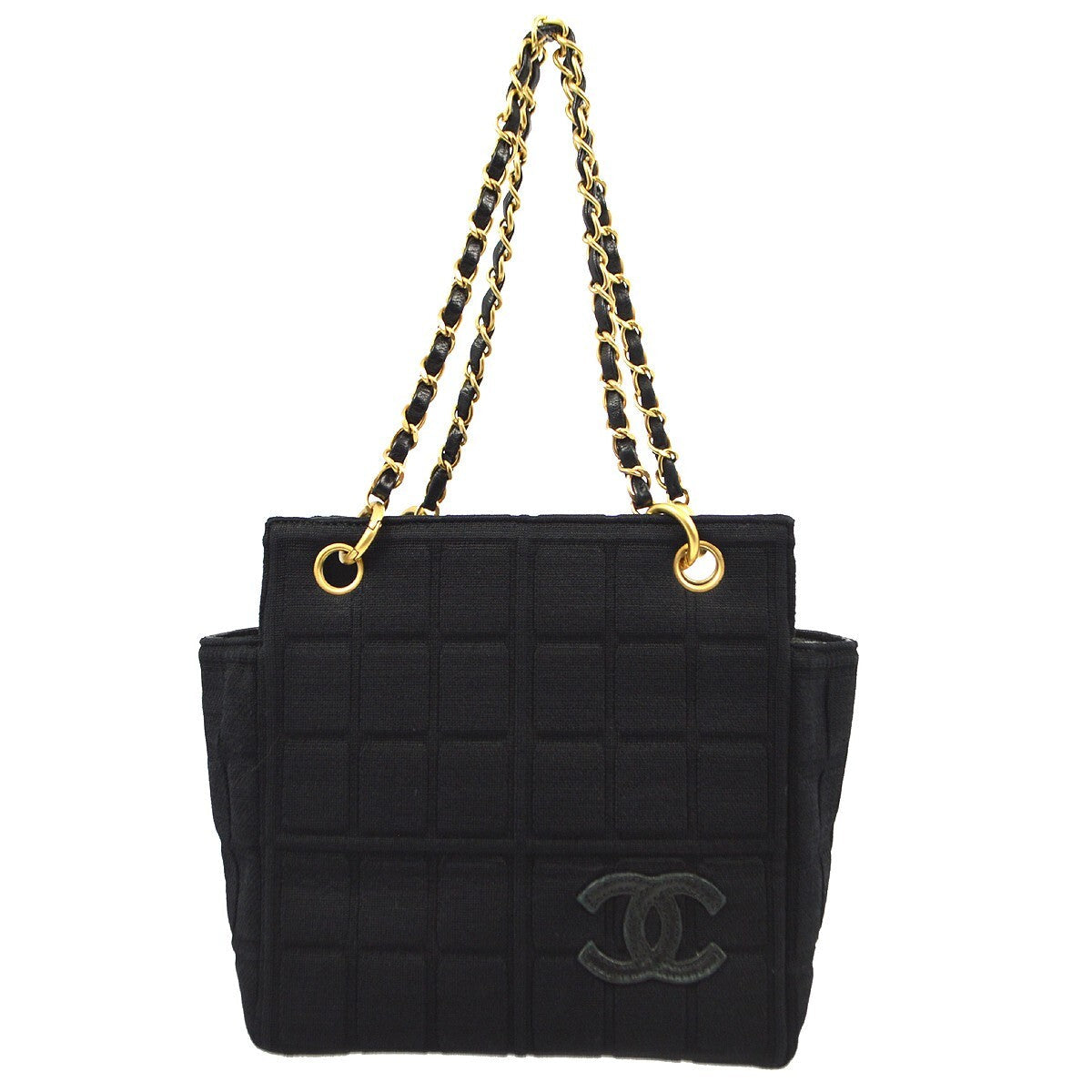 Chanel Chocolate Bar Chain Tote Quilted Jersey Black Cotton Handbag (Authentic  )