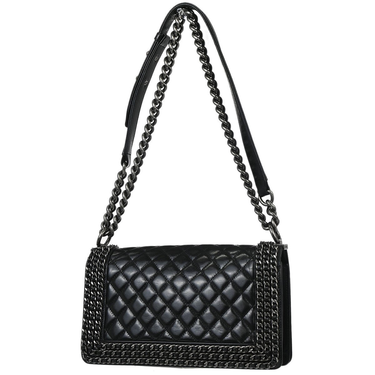 Chanel Boy Flap Bag Quilted Glazed Calfskin Black Leather Handbag ( )