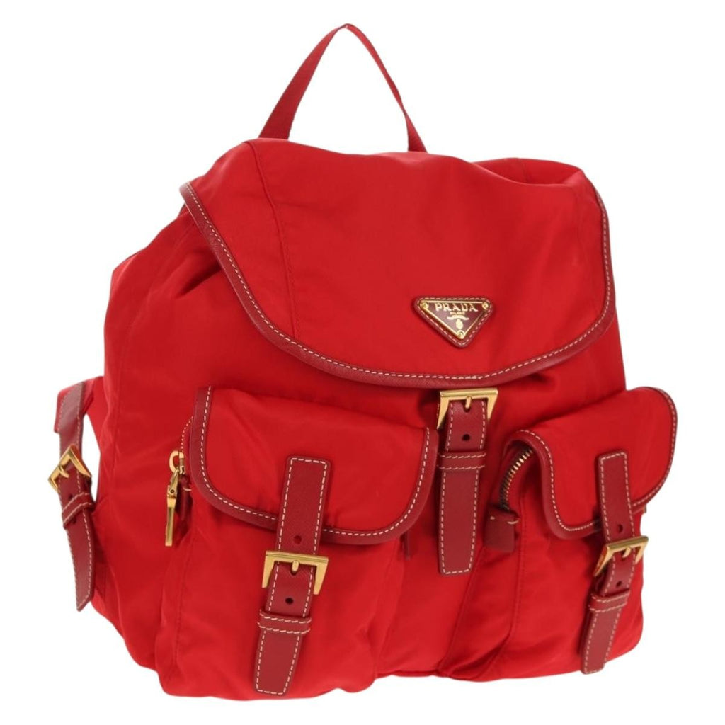 Prada Vela Double Front Pocket Backpack Tessuto With Saffiano Leather Red Nylon Backpack Bag (Authentic  )