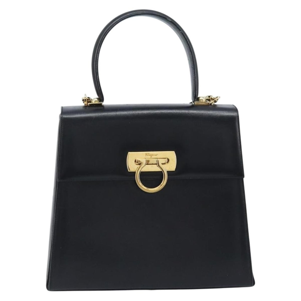 Salvatore Ferragamo Gancini Convertible Top Handle Bag Leather Black Leather Handbag (Authentic  )