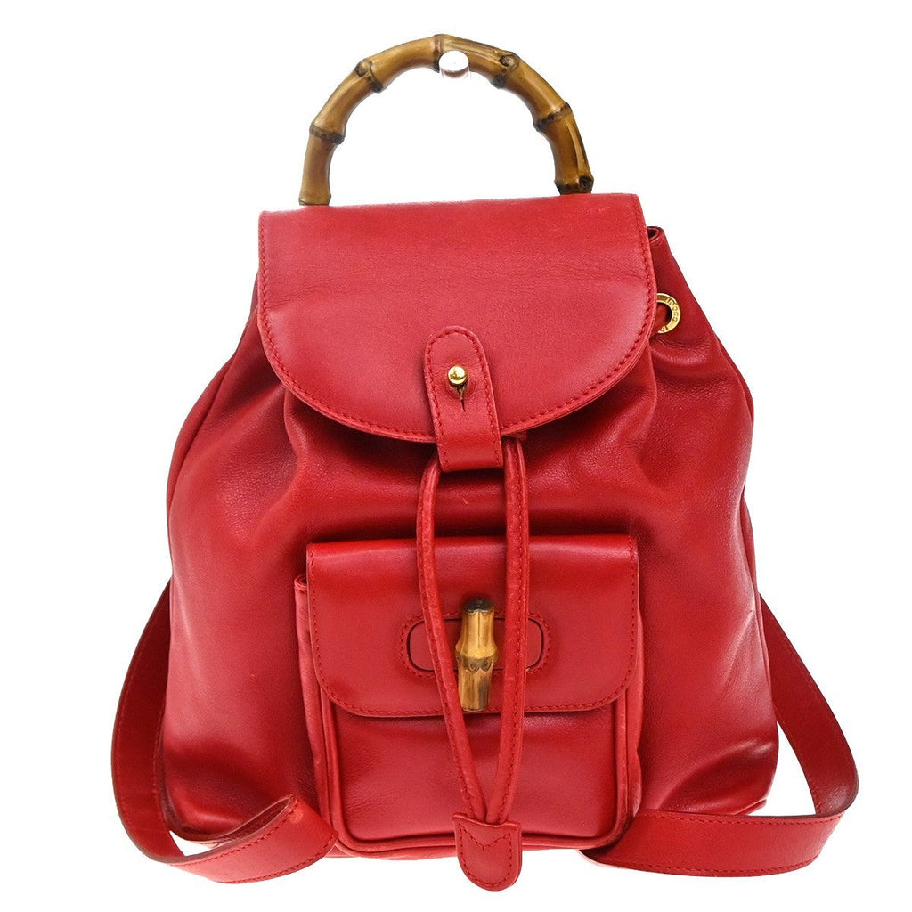 Gucci Vintage Bamboo Backpack Leather Red Leather Backpack Bag (Authentic  )