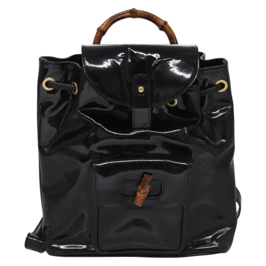 Gucci Vintage Bamboo Backpack Patent Black Patent_Leather Backpack Bag (Authentic  )
