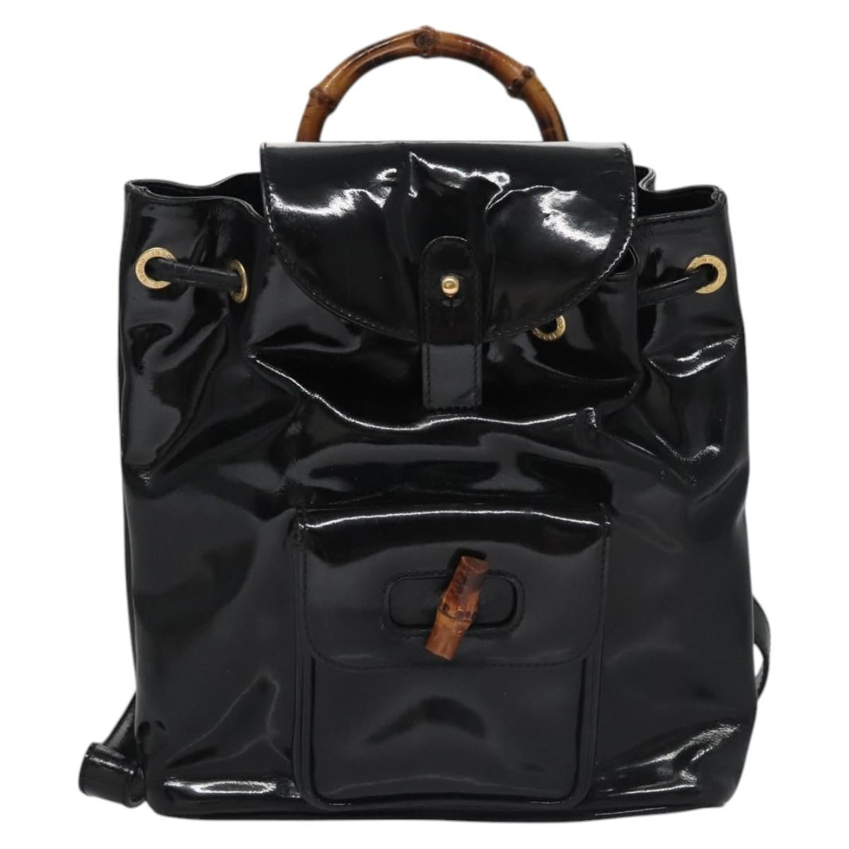 Gucci Vintage Bamboo Backpack Patent Black Patent_Leather Backpack Bag (Authentic  )