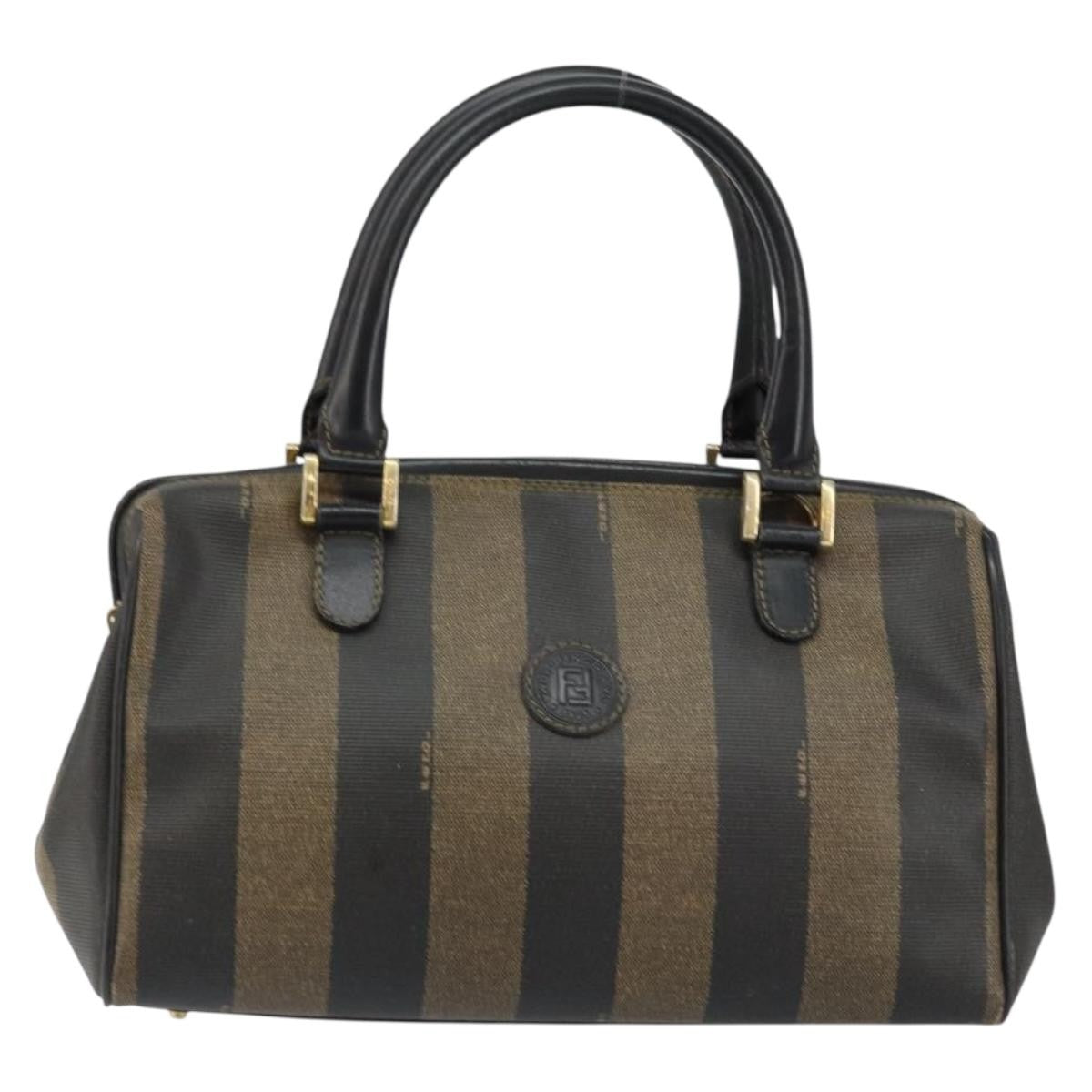 Fendi Vintage Pequin Boston Bag Coated Canvas Black Canvas Bag (Authentic  )