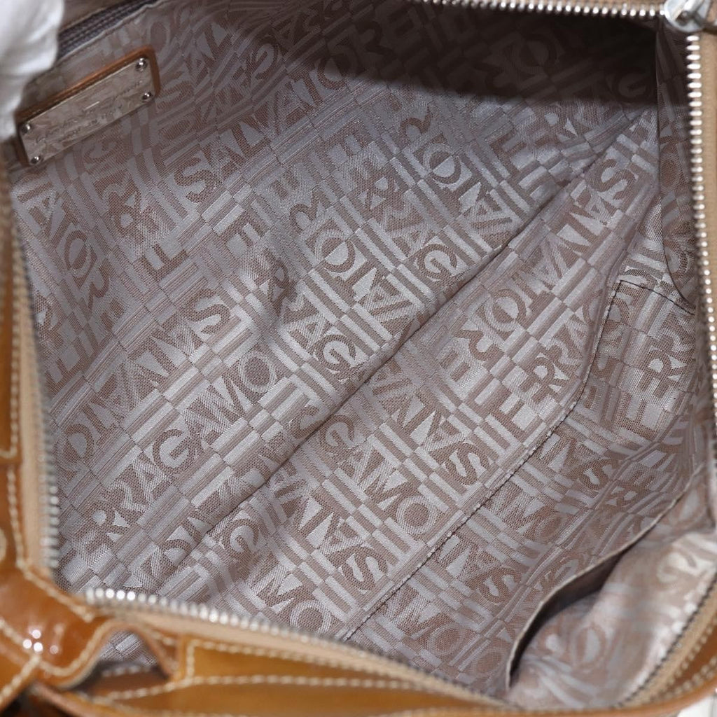 Salvatore Ferragamo Gancini Handbag Patent Leather Brown Patent_Leather Handbag (Authentic  )