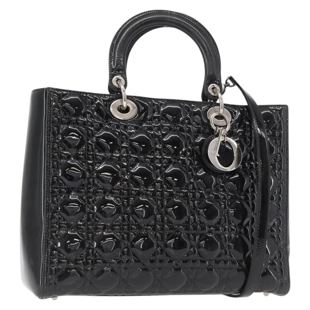 Christian Dior Lady Dior Bag Cannage Quilt Patent Black Patent_Leather Handbag (Authentic  )