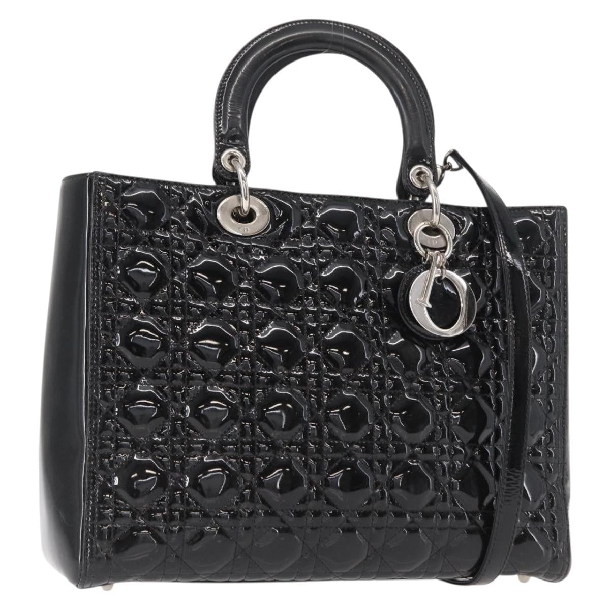 Christian Dior Lady Dior Bag Cannage Quilt Patent Black Patent_Leather Handbag (Authentic  )
