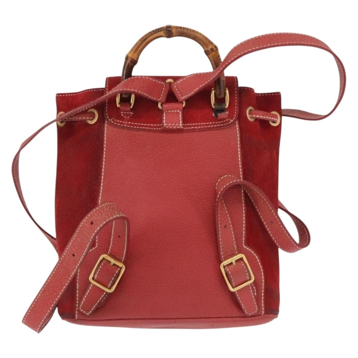 Gucci Vintage Bamboo Backpack Leather Red Leather Backpack Bag (Authentic  )