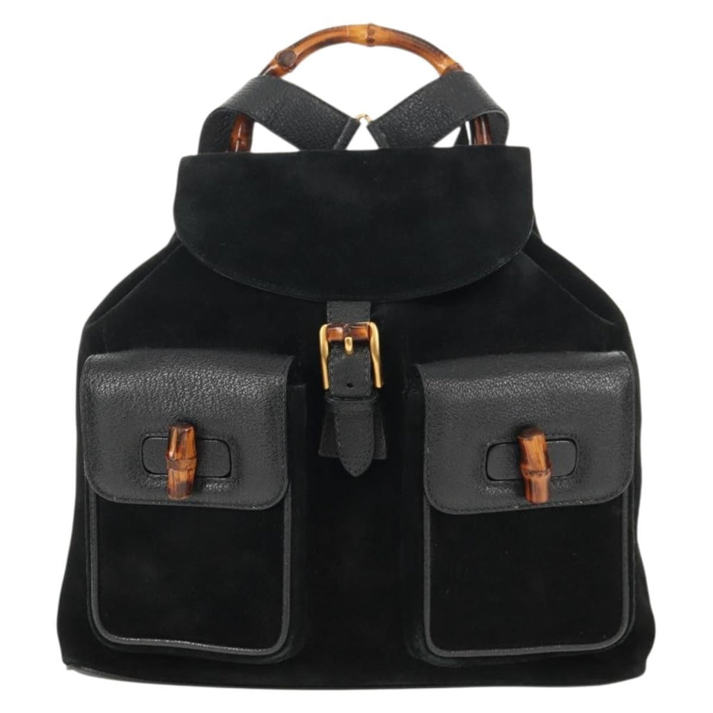Gucci Vintage Bamboo Backpack Suede Black Suede Backpack Bag (Authentic  )