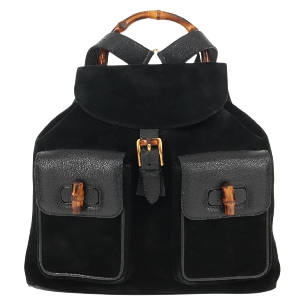 Gucci Vintage Bamboo Backpack Suede Black Suede Backpack Bag (Authentic  )