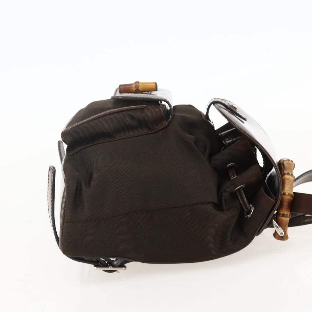 Gucci Vintage Bamboo Backpack Nylon And Patent Leather Brown Nylon Backpack Bag ( )